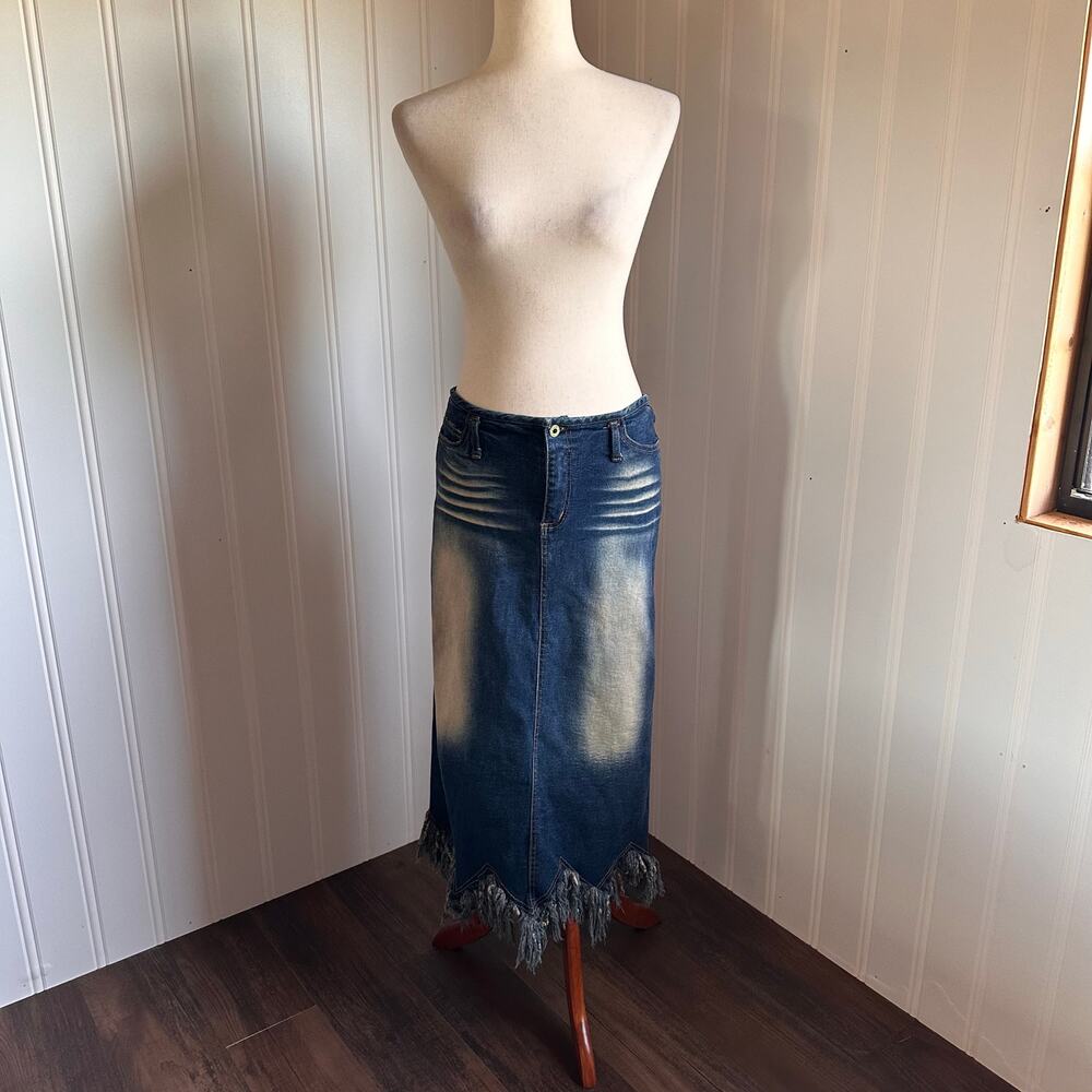 Vintage Y2K Low Rise Denim Maxi Skirt L